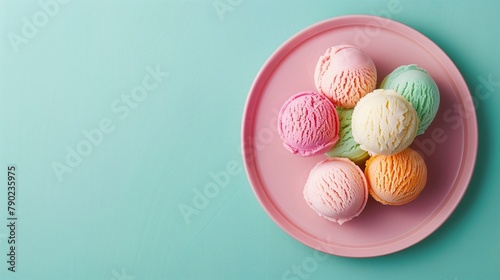 Colorful ice cream balls in plate on a blue background, top view. Copy space.