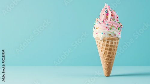 Soft serve ice cream cone on a blue minimalistic background with copy space. Low angle view. photo