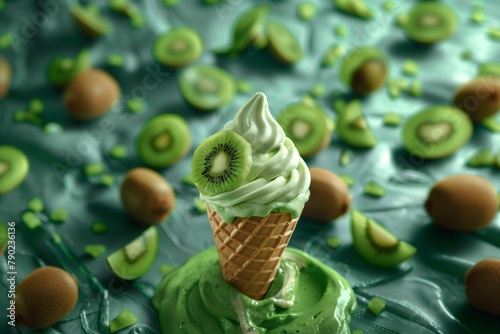 Soft serve ice cream cone with kiwi fruit.