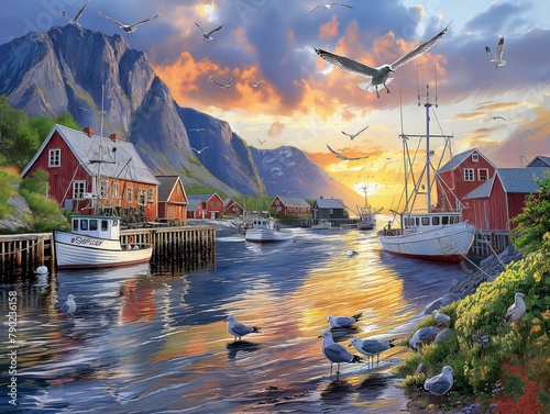 A beautiful painting of a harbor with a sunset in the background. The sky is filled with birds, and the water is calm. The boats are docked, and the houses are red