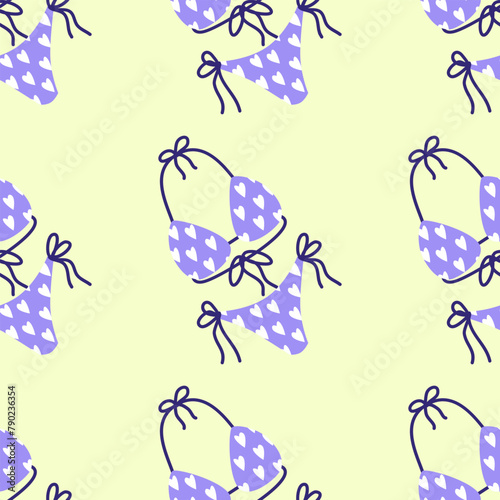 Seamless pattern with swimsuit as Cartoon summer elements, travel, beach, summertime accessory. Cocktails, ice cream and exotic fruits vector illustration set. Palm and serfing board. Umbrella and photo