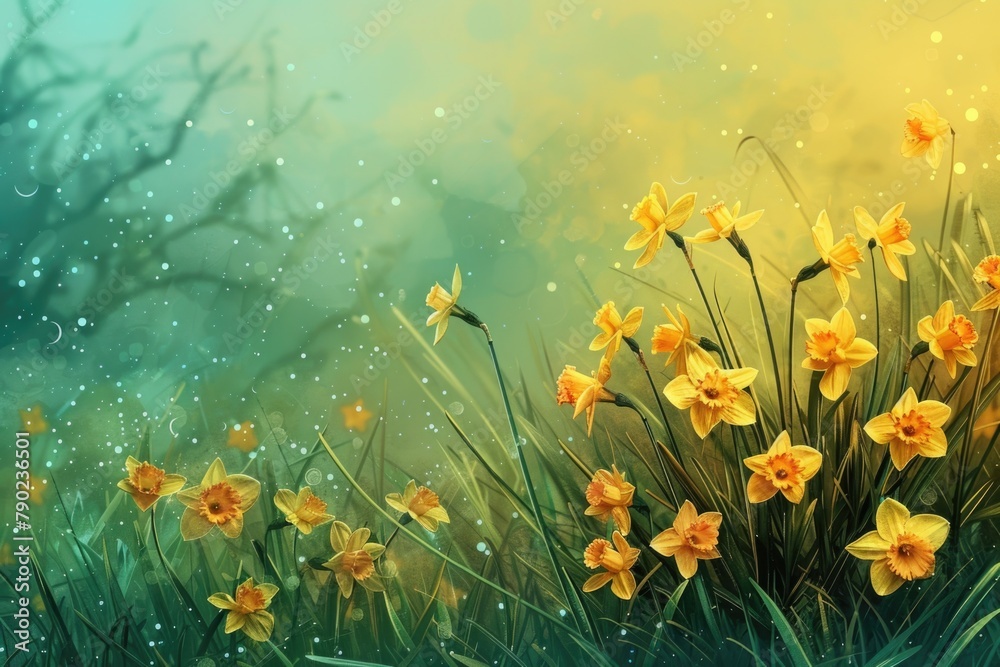 Daffodil Flowers in Spring Field with Yellow Narcissus. Grass Background