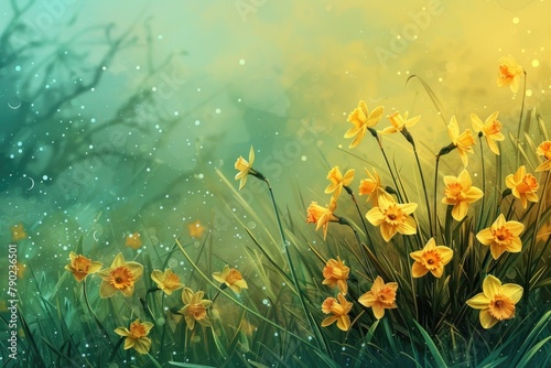 Daffodil Flowers in Spring Field with Yellow Narcissus. Grass Background