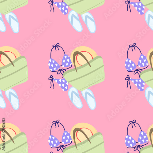 Seamless pattern Cartoon summer elements, travel, beach, summertime accessory. Swimsuit, slippers, bag and hat vector illustration set. Palm and serfing board. Umbrella and sunglasses