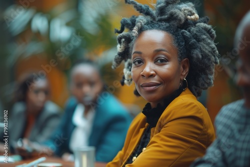 Close-up portrait of elegant black female businesswoman sitting at conference table in a boardroom. Confident African American executive discussing project plan at group multiethnic briefing.