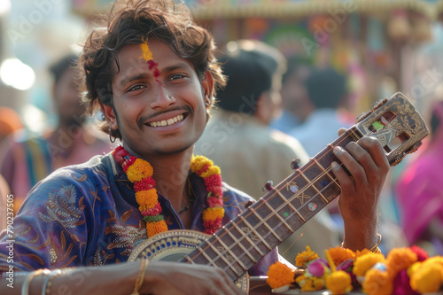 person holding a guitar in the street. close-up portrait of a happy young Hindu street musician on Diwali