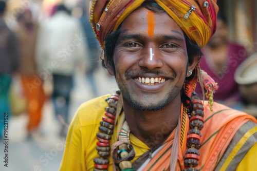 indian child. close-up portrait of a happy young Indian man selling Indian jewelry at the market 