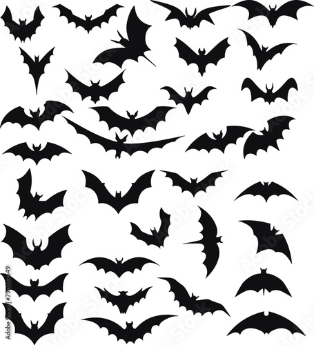 Bats horror flat set. Sticker with black mouse for Halloween decoration. Simple icon with animal from different sides. Silhouette of flying bat collection.