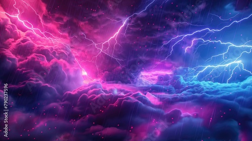 Blue and pink neon lightnings high in the sky between the clouds during thunderstorm