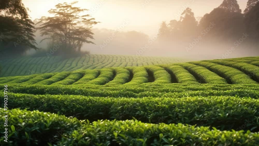 Slow motion of green young tea field at sunset, farmer's agricultural product natural. AI generated. Slow motion of green young tea field at sunset, farmer's agricultural product natural. AI generated.