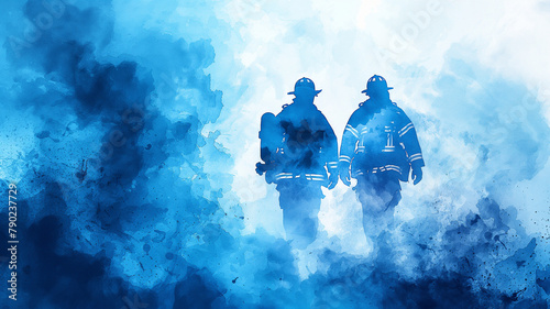 Two firefighters are walking through a blue sky with smoke in the background