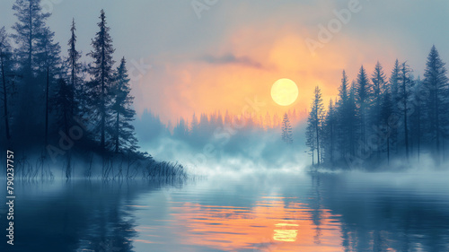 A serene and peaceful scene of a lake with a large sun in the sky