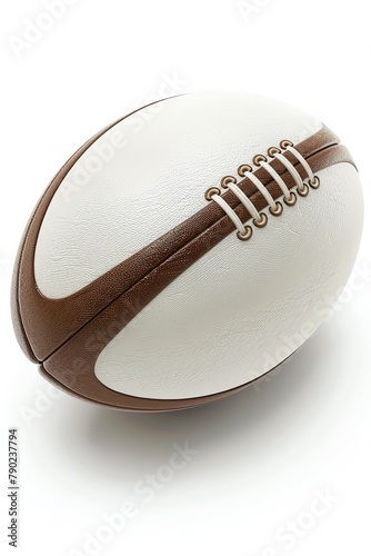 rugby ball, traditional stitching visible, isolated white, gentle shadow, slightly tilted front view photo