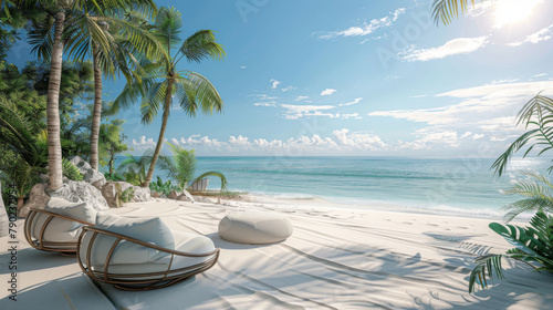 Contemporary beachfront lounge chairs and cushions set on a tropical white sandy beach  offering a peaceful ocean view.