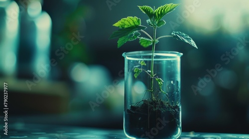Young plant growing in a glass beaker symbolizing science and growth, with a soft-focused laboratory background.