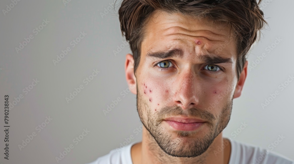 Close-up portrait of a young man with a concerned expression and acne on his face, against a grey background. Close-up portrait of a young man with a concerned expression and acne on his face, against a grey background.