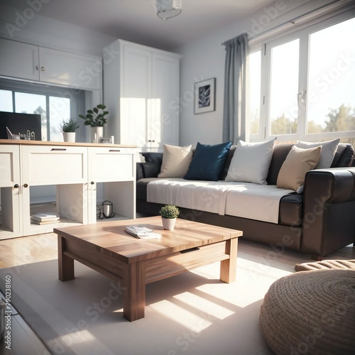 A cozy and well-lit living room featuring a brown leather sofa, a wooden coffee table, and modern decor.