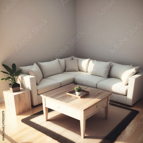 A modern living room featuring a large white sectional sofa, wooden coffee table, and a potted plant, bathed in natural light.