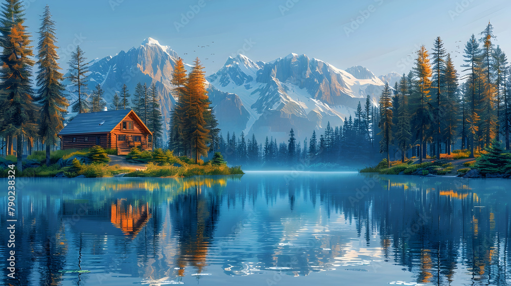 A secluded wooden cabin beside a crystal-clear mountain lake, surrounded by dense pine forests, captured during a calm morning
