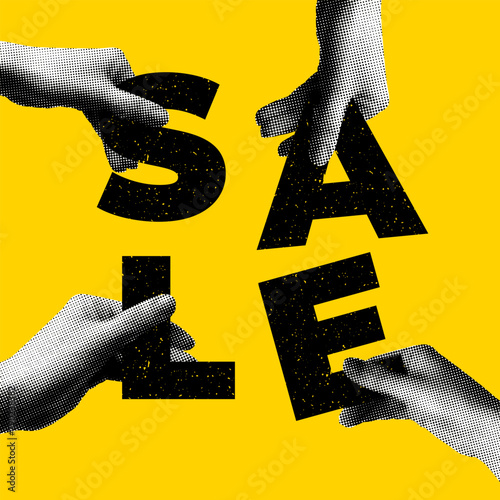 Sale banner with modern collage design elements. Halftone hands holding letters with Sale inscription. Retro newspaper cut out paper elements. Trendy vintage newspaper parts. Torn paper. Y2K style