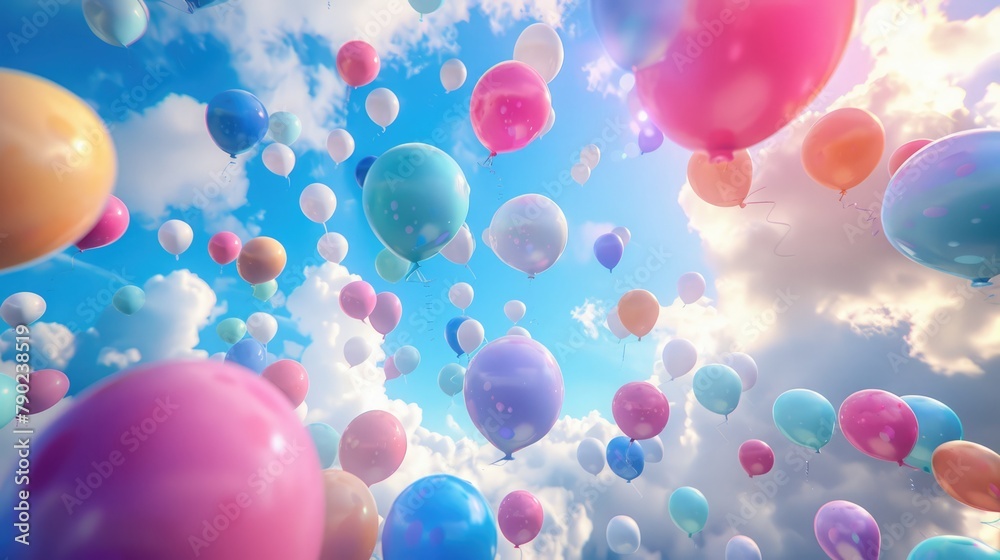 Dreamy sky filled with floating colorful balloons in a whimsical 3D abstract, playful and light. 3d background abstract