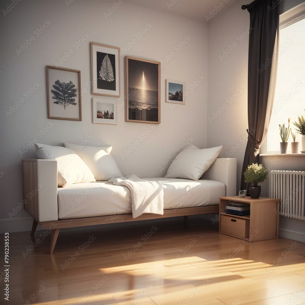 Cozy minimalist bedroom with a modern sofa bed, framed wall art, and soft morning light. Cozy minimalist bedroom with a modern sofa bed, framed wall art, and soft morning light.