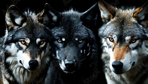 Three different wolves against a black background