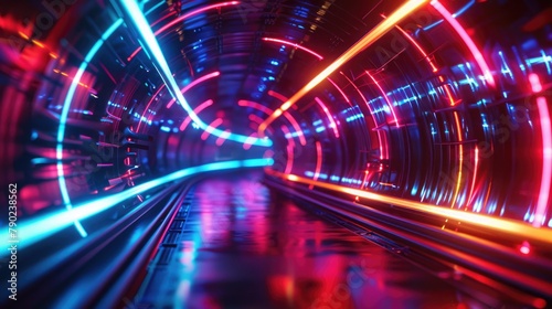 Neon lights accentuate the depth of a futuristic 3D digital tunnel in this abstract concept. 3d background abstract photo