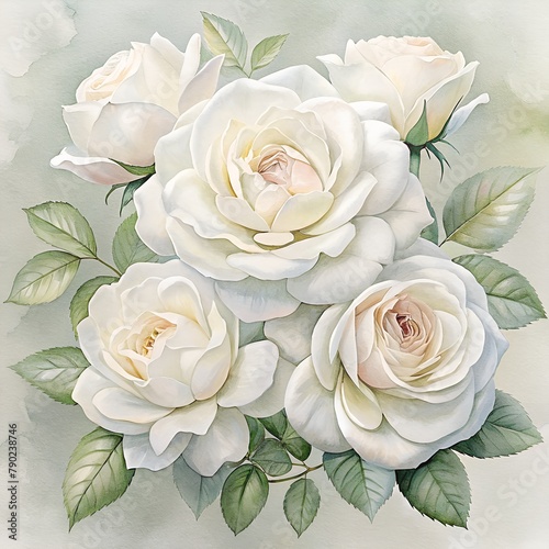 Watercolor white roses bouquet. White roses