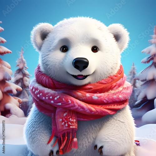 A cute white polar bear a wearing colorful scarf