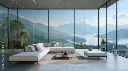 Modern 3D living room with minimalist furniture and panoramic windows offering serene views. 3d background room