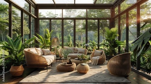 Relaxing 3D sun-filled space with plants, wicker decor, and expansive windows for a seamless indoor-outdoor feel. 3d background room