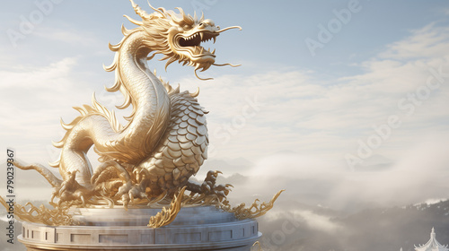 Serene Chinese golden dragon perched atop a gleaming white pedestal  its gaze fixed on distant horizons  