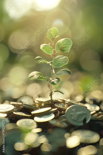 a sapling growing from a pile of coins, symbolizing growth and success, soft natural lighting, closeup view © Stone Story