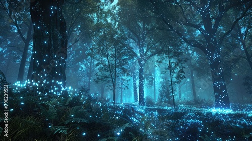 Whimsical 3D woodland features ethereal bioluminescent plants and trees, crafting a dreamlike scenery that feels truly magical. 3d backgrounds photo