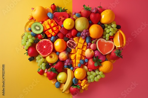 3D render of heartshaped fresh fruit arrangement, vibrant multicolor backdrop, topdown view