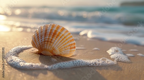 Striped Seashell Amidst Gentle Waves on a Tranquil Beach