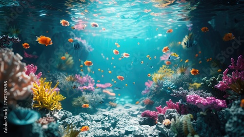 Vibrant 3D underwater world: colorful coral reefs and fish swimming gracefully, capturing the stunning beauty and varied marine ecosystems. 3d backgrounds