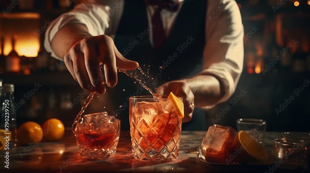 Bartender skillfully pouring a cocktail into a glass