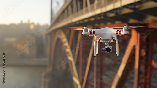 A drone with a camera flying in front of a bridge during sunset.