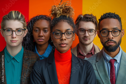 Business people, about us and corporate diversity in portrait for affirmative action, team and inclusion on color block background. Glasses, vision and confident with pride, equality and workforce