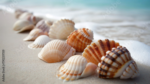 A line of assorted seashells on a sandy beach with the ocean in the background. © Nonna