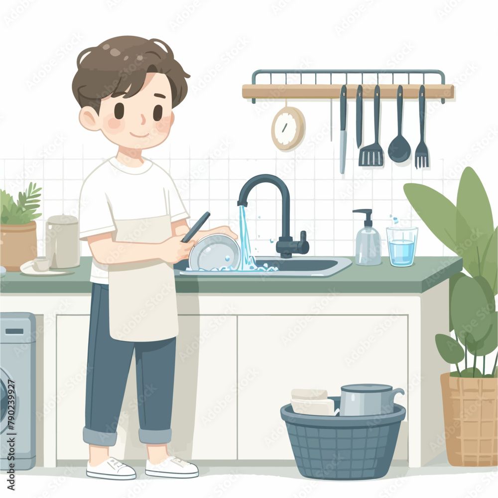 Cartoon Illustration of Man Washing Plates Cartoon Illustration of Man Washing Plates