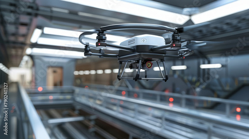 A drone is flying in a large, empty room photo