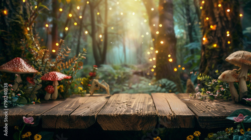 Enchanted magical forest themed on blank wooden tabletop background
