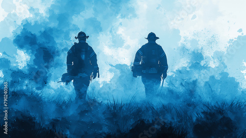 Two men in blue uniforms are walking through a field of smoke