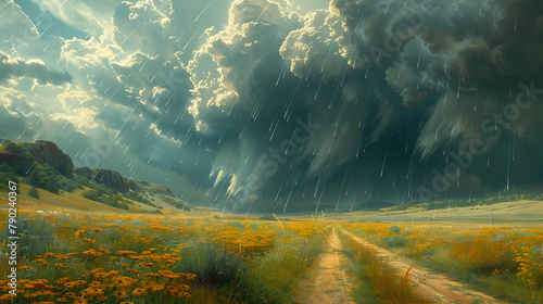 A thunderstorm approaching over a summer prairie, the dramatic clouds contrasting with the bright, sunlit fields below