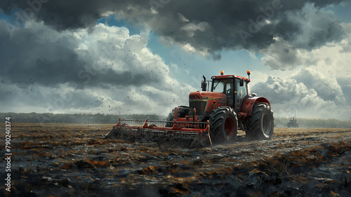 A red tractor is driving through a field of dirt photo
