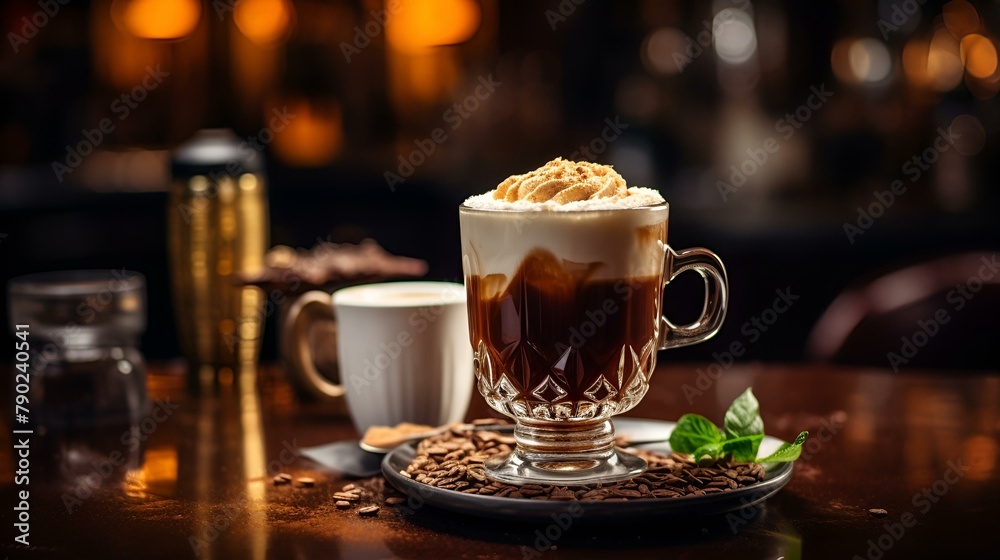 A coffee drink topped with whipped cream and garnished with fresh mint leaves A coffee drink topped with whipped cream and garnished with fresh mint leaves