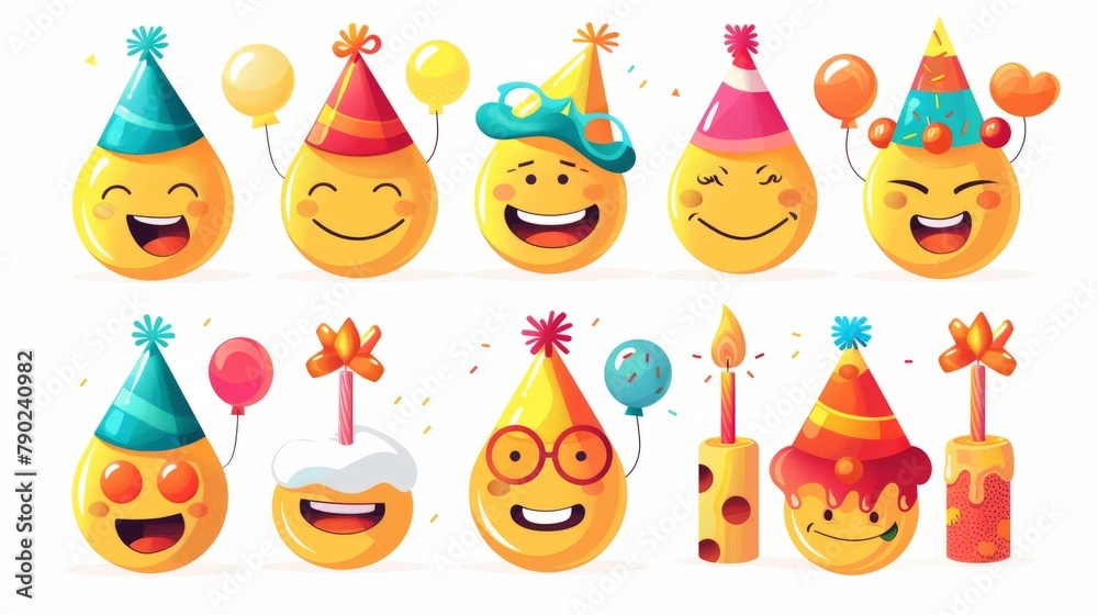 Naklejka premium Vibrant birthday emoji vector set: cheerful emoticon party icons on white background, ideal for graphic design projects